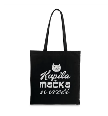 VREĆICA PLATNENA CRNA SA SREBRNIM TISKOM Kupila mačka u vreći…