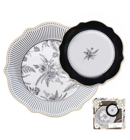 SET ZA KOLAČE 7/1 PORCULAN - VALOVITI RUB - FLORAL BLACK