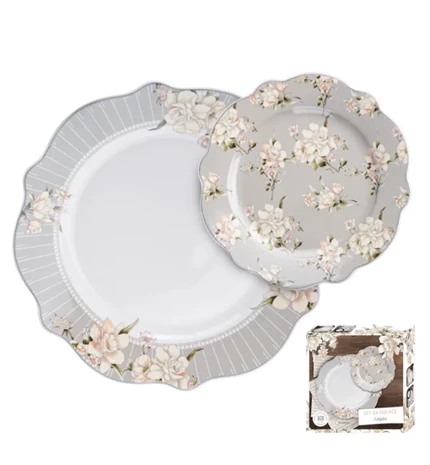 SET ZA KOLAČE 7/1 PORCULAN - VALOVITI RUB - FLORAL GRAY