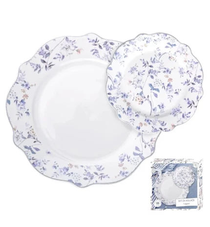 SET ZA KOLAČE 7/1 PORCULAN - VALOVITI RUB - FLORAL BLUE