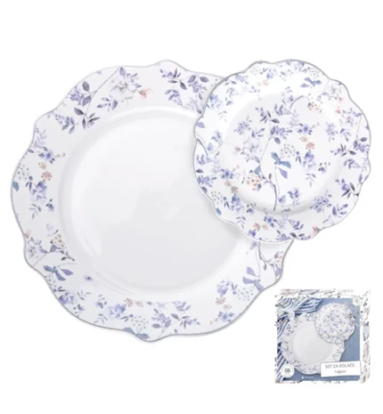 SET ZA KOLAČE 7/1 PORCULAN - VALOVITI RUB - FLORAL BLUE