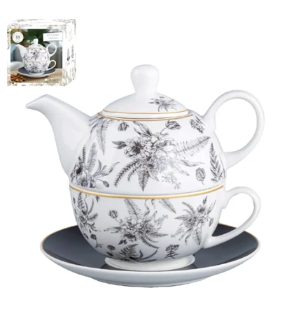 SET ČAJNIK SA ŠALICOM I TANJURIĆEM PORCULAN 410/260 mL FLORAL BLACK