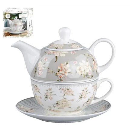 SET ČAJNIK SA ŠALICOM I TANJURIĆEM PORCULAN 410/260 mL FLORAL GRAY