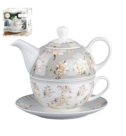 SET ČAJNIK SA ŠALICOM I TANJURIĆEM PORCULAN 410/260 mL FLORAL GRAY