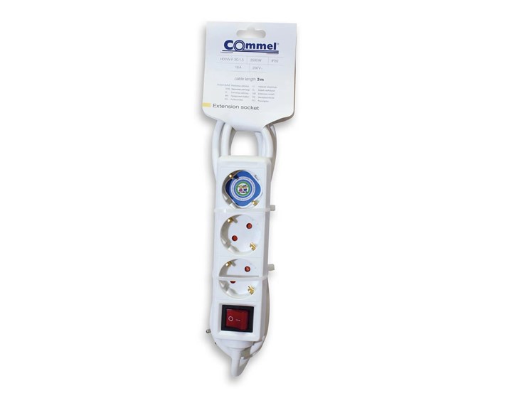 KABEL PRODUŽNI 3m, 3x1,5mm2, 3 UTIČNICE S PREKIDAČEM 16A,250V,3500W, BIJELI