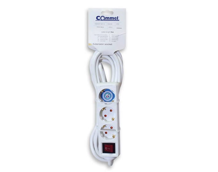KABEL PRODUŽNI 5m, 3x1,5mm2, 3 UTIČNICE S PREKIDAČEM 16A,250V,3500W, BIJELI