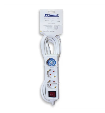 KABEL PRODUŽNI 5m, 3x1,5mm2, 3 UTIČNICE S PREKIDAČEM 16A,250V,3500W, BIJELI