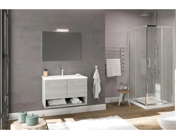 BAZA OSLO 80cm S UMIVAONIKOM 2 VRATA,OGLEDALO 80x80 cm I LED SVJETILJ.ROVERO GRI