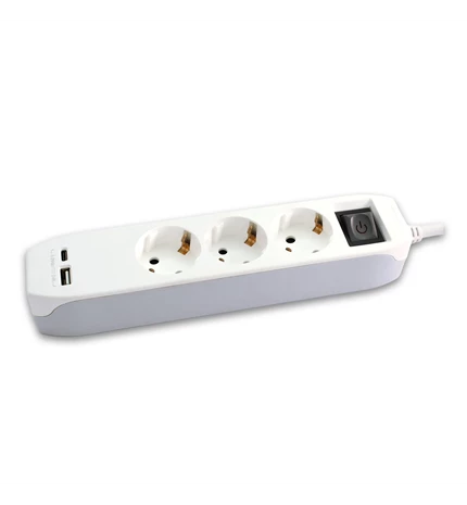 KABEL PRODUŽNI 1,4m,3x1,5mm2 S PREKIDAČEM, 3 UTIČNICE ŠUKO 16A,250V,3680W+USB PU