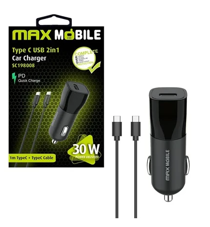 PUNJAČ MOBITELA ZA AUTO MAXMOBILE 30W TYPE C + KABEL