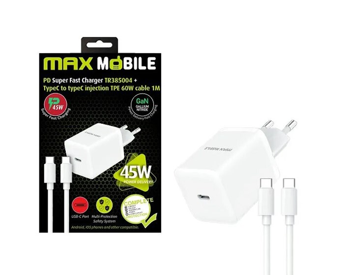 PUNJAČ KUČNI MAXMOBILE PD SUPER FAST CHARGE TYPE C+KABEL TR385004 GAN45W
