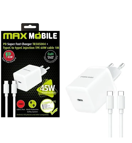 PUNJAČ KUČNI MAXMOBILE PD SUPER FAST CHARGE TYPE C+KABEL TR385004 GAN45W