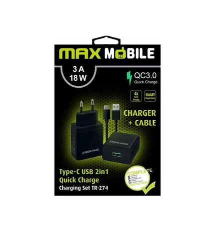 MAXMOBILE KUĆNI PUNJAČ SET 2U1 QC 3.0 QUICK CHARGE USB + TYPE C, 3A, 15W CRNI